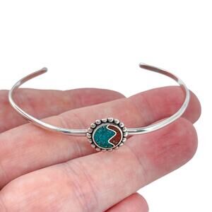 Estate Sterling Silver 925 Inlay Stone Cuff Bracelet 7"